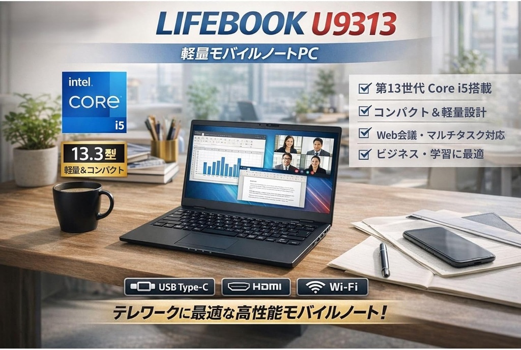 高性能 第13世代CPU搭載！ 富士通ノートPC U9313 /13.3型/Core i5-1345U/Win11 Pro/MS Office 2024 /WEBカメラ/WIFI/Bluetooth/HDMI/8GB/256GB SSD/中古整備PC
